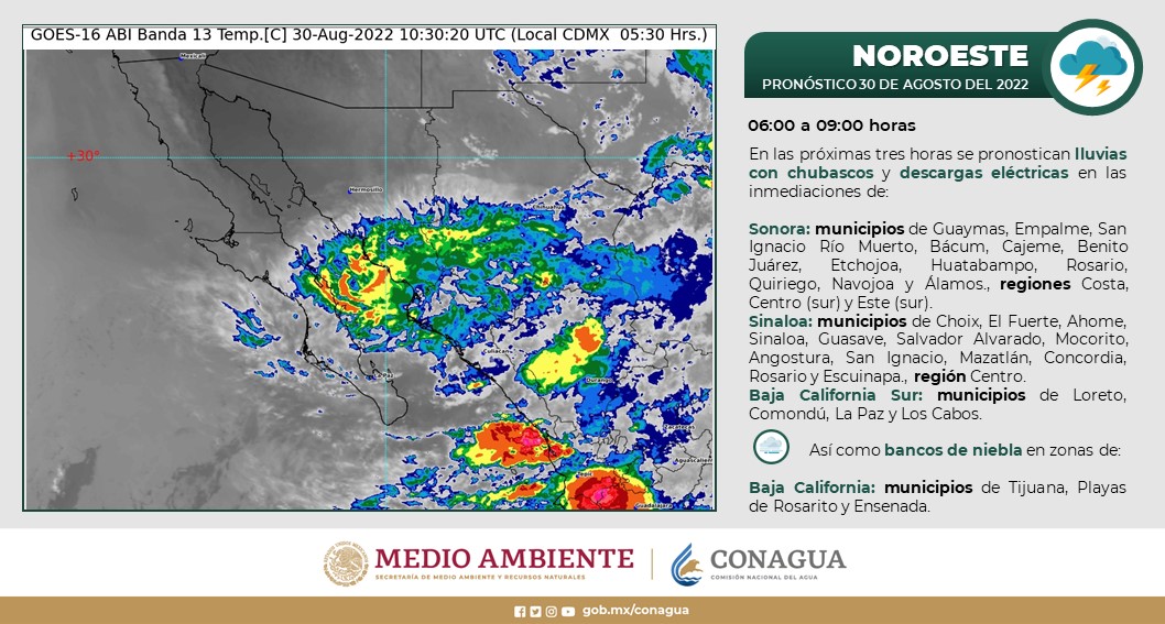 En las próximas horas se pronostica la presencia de Chubascos en Sonora, Sinaloa, BajaCalifornia y BajaCaliforniaSur.