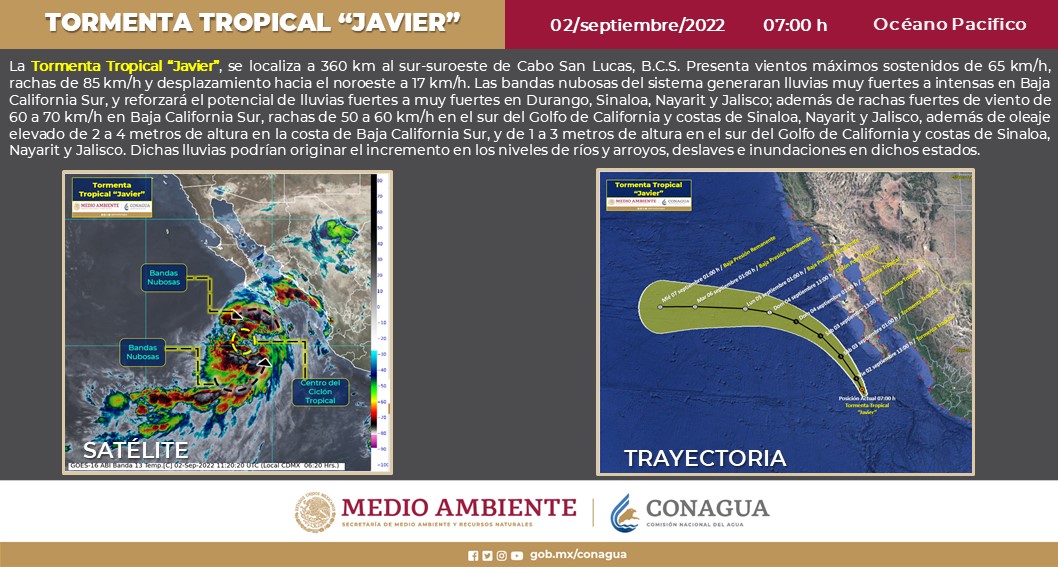 La Tormenta Tropical «Javier» se encuentra a 360 km al sur-suroeste de Cabo San Lucas, B.C.S