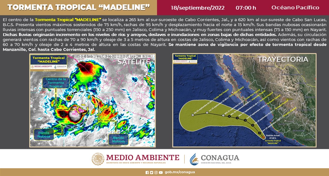 Tormenta Tropical Madeline ocasionarán Lluvias intensas a puntuales torrenciales en sitios de Jalisco, Colima y Michoacán.