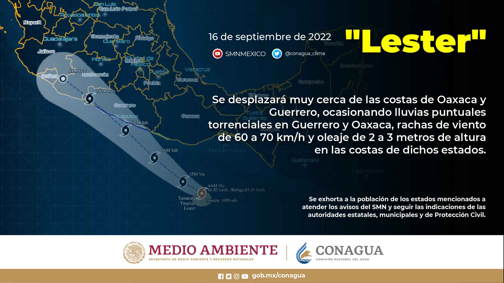 La tormenta tropical Lester ocasionará lluvias torrenciales en Guerrero y Oaxaca, e intensas en Puebla