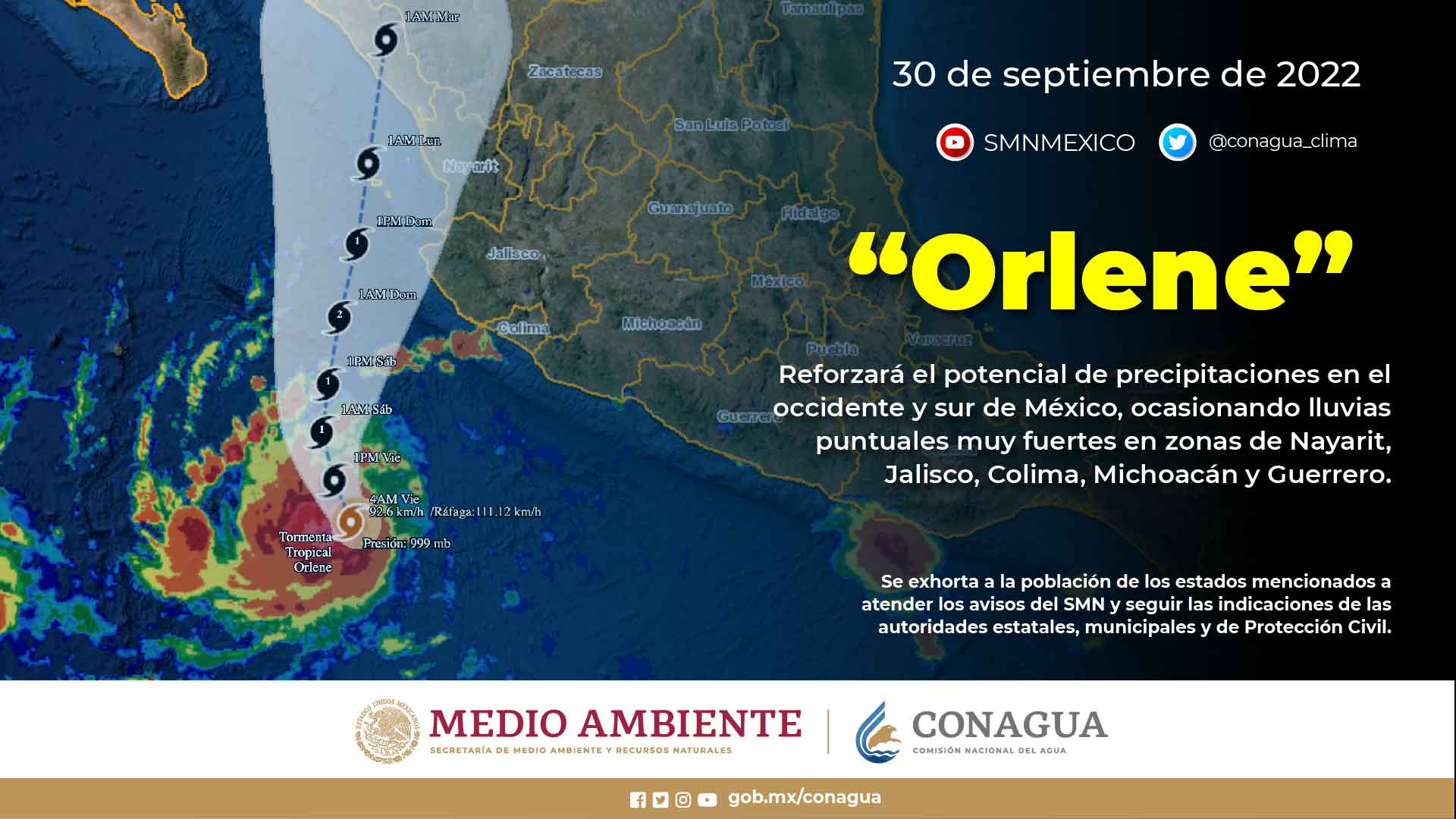 La Tormenta Tropical Orlene se localiza al suroeste de las costas de Jalisco y Colima