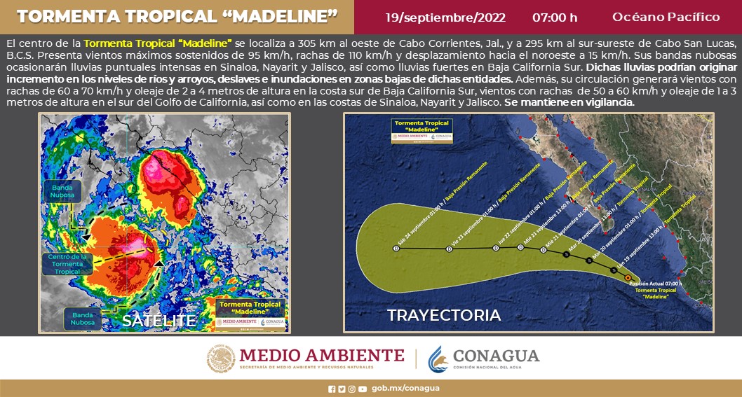 La Tormenta Tropical Madeline se localizó a 295 km al sur-sureste de Cabo San Lucas Baja California Sur.