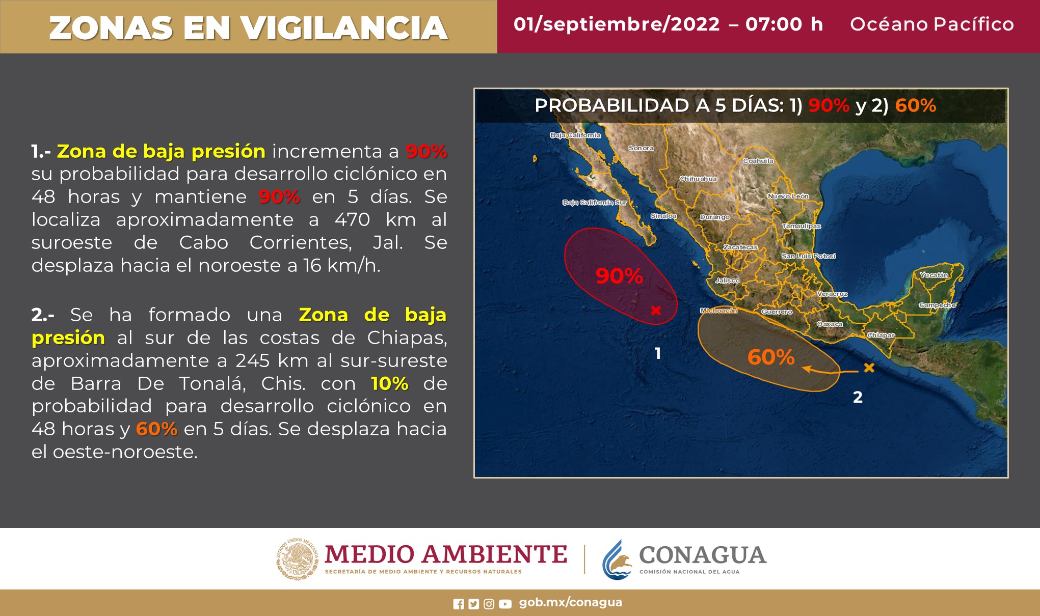 El Servicio Meteorológico Nacional vigila dos zonas de baja presión con probabilidadde desarrollo ciclónico, localizadas en el océano Pacífico.
