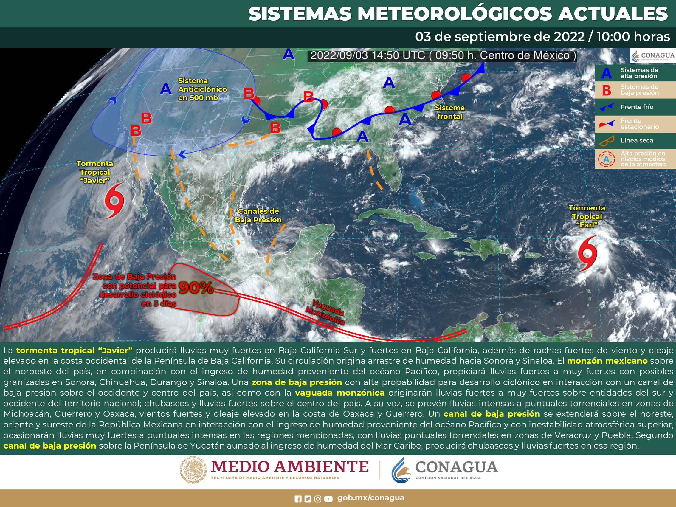 Aviso especial con información actualizada sobre la Tormenta Tropical Javier que se encuentra muy cerca de la Península De Baja California y la zona de Baja Presión con alta probabilidad para formar un Ciclón Tropical al sur de las costas de Oaxaca