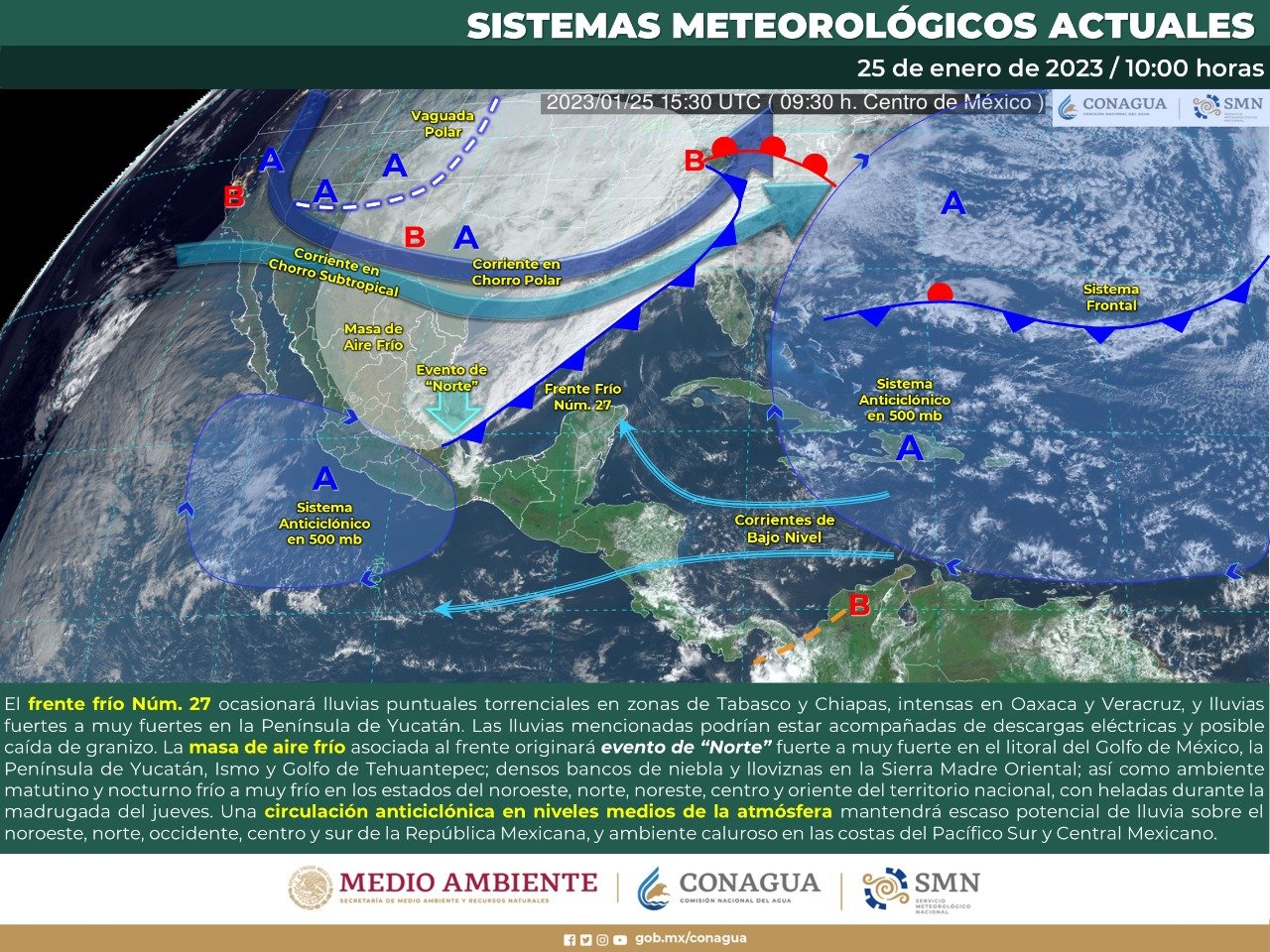 EL FRENTE FRÍO NÚM. 27 SOBRE EL ORIENTE Y SURESTE DEL PAÍS
